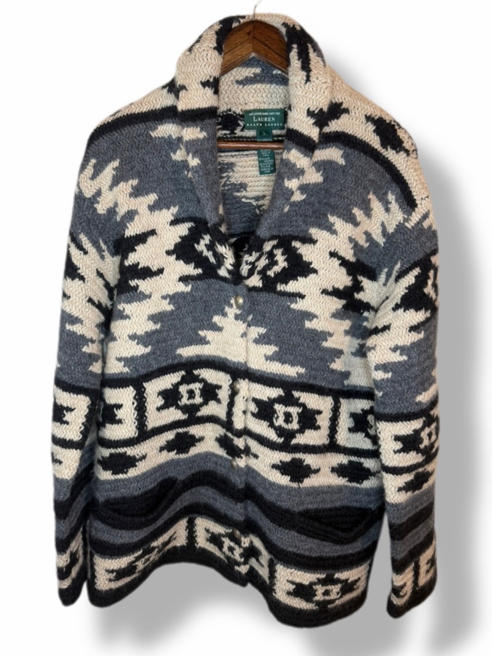 Lauren Ralph Lauren Hand Knit Alpaca Wool Southwestern Cardigan L